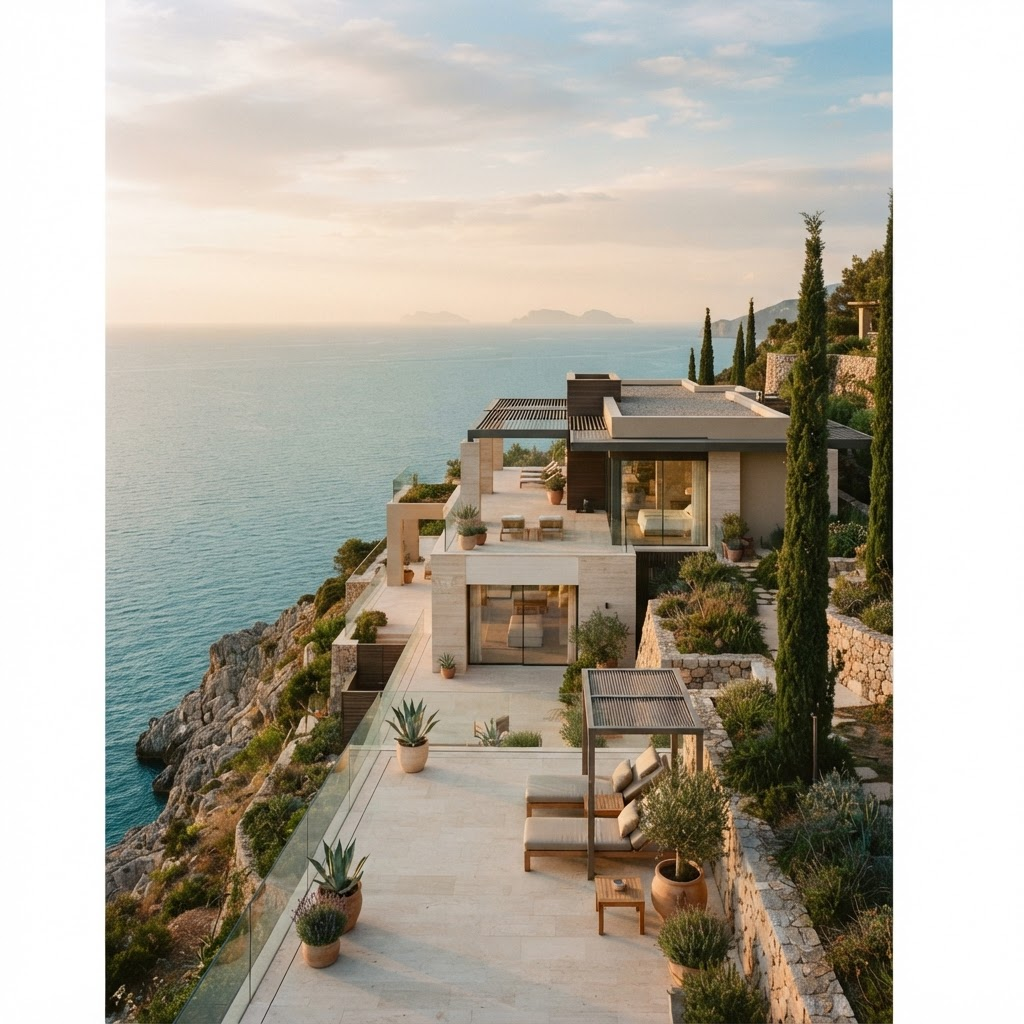 Villa mediterranea affacciata sul mar Tirreno al tramonto